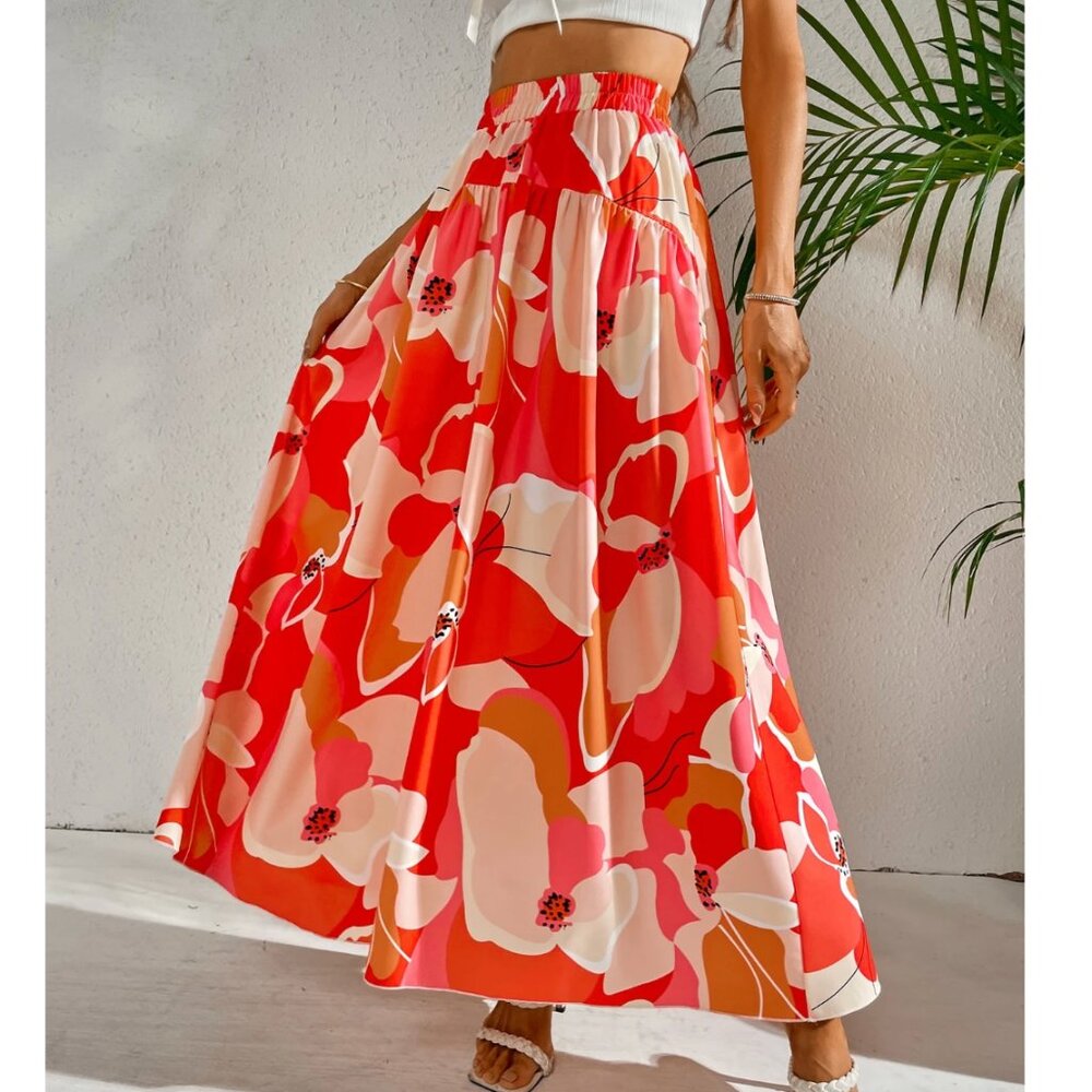 Vibrant Floral Maxi Skirt in Red and Orange